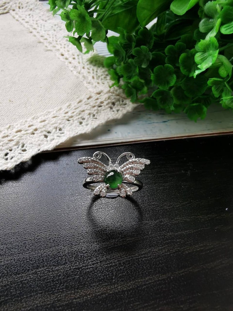 Icy Bluish Green Type A Natural Jadeite Fei Cui 925 Silver White Gold Plated With Zirconia Butterfly Ring
