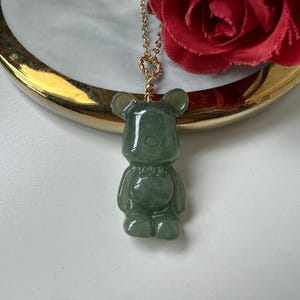 Icy Bluish Green Type A Grade A Natural Jadeite Jade Fei Cui 14K Gold Filled Bear Pendant