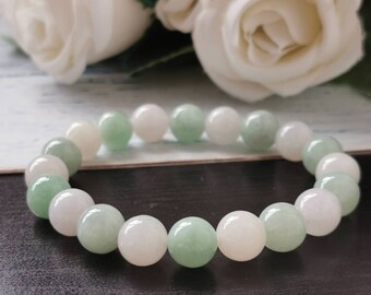 SOLD OUT 9.3MM Pastel Green And White Type A Grade A Natural Jadeite Jade Fei Cui Beaded Bracelet