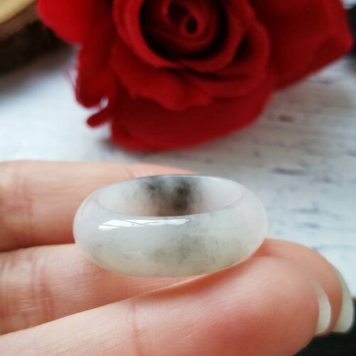 US Size 7.5(17.7MM Inner Diameter)Floral Ink Type A Grade A Natural shops Jadeite Jade Fei Cui Abacus Band Ring
