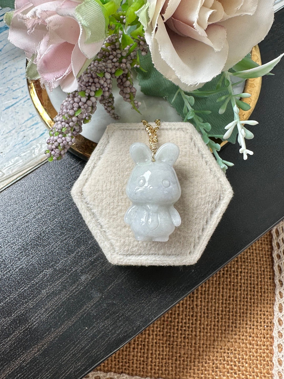 Yellow Jade Rabbit White and Yellow Type A Grade A Natural Jadeite Jade 3D Cute Rabbit 14K ...
