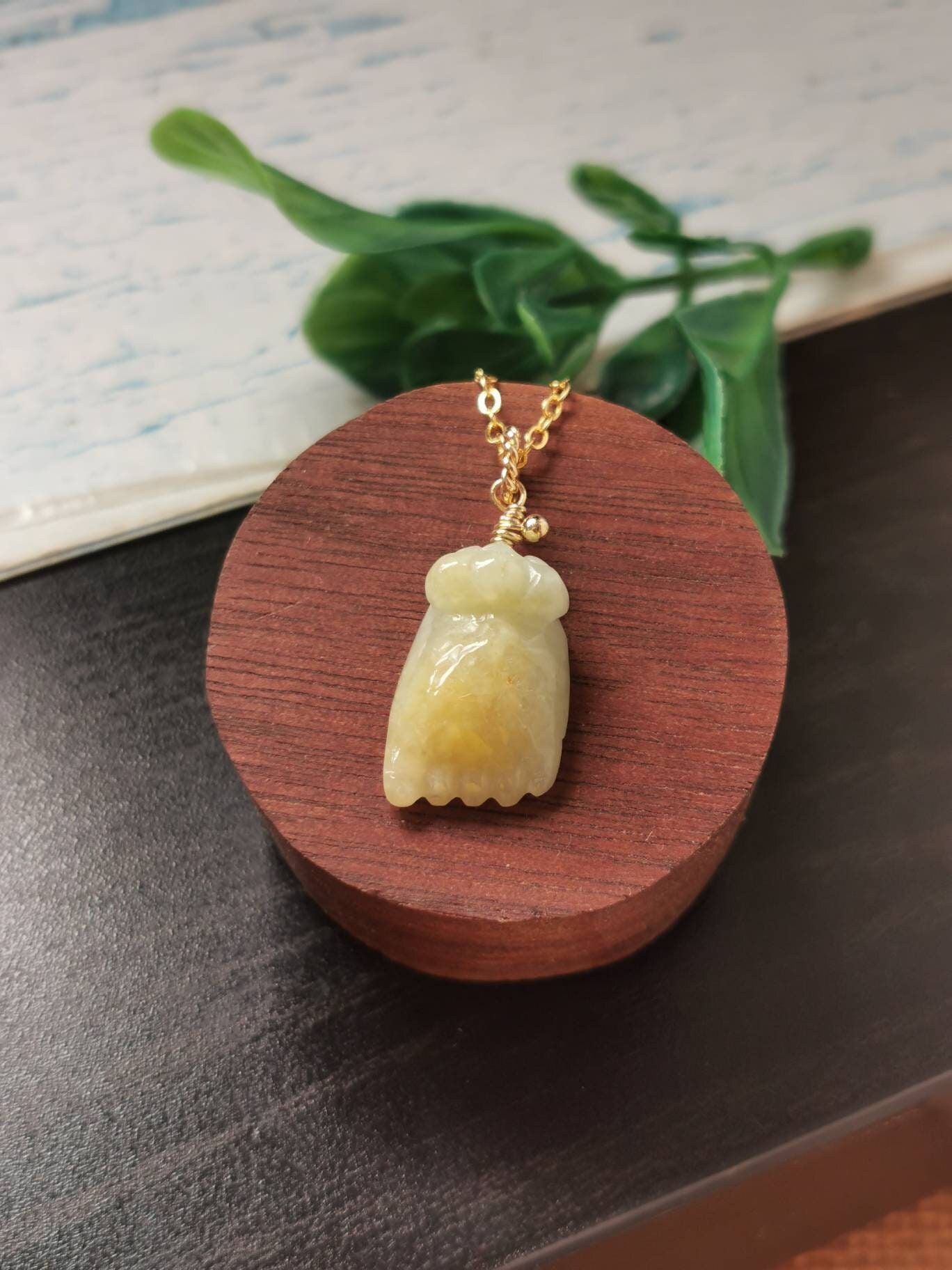 Yellow Type A Grade A Natural Jadeite Jade Fei Cui Small Foot Pendant In 14K Gold Filled Bail Setting