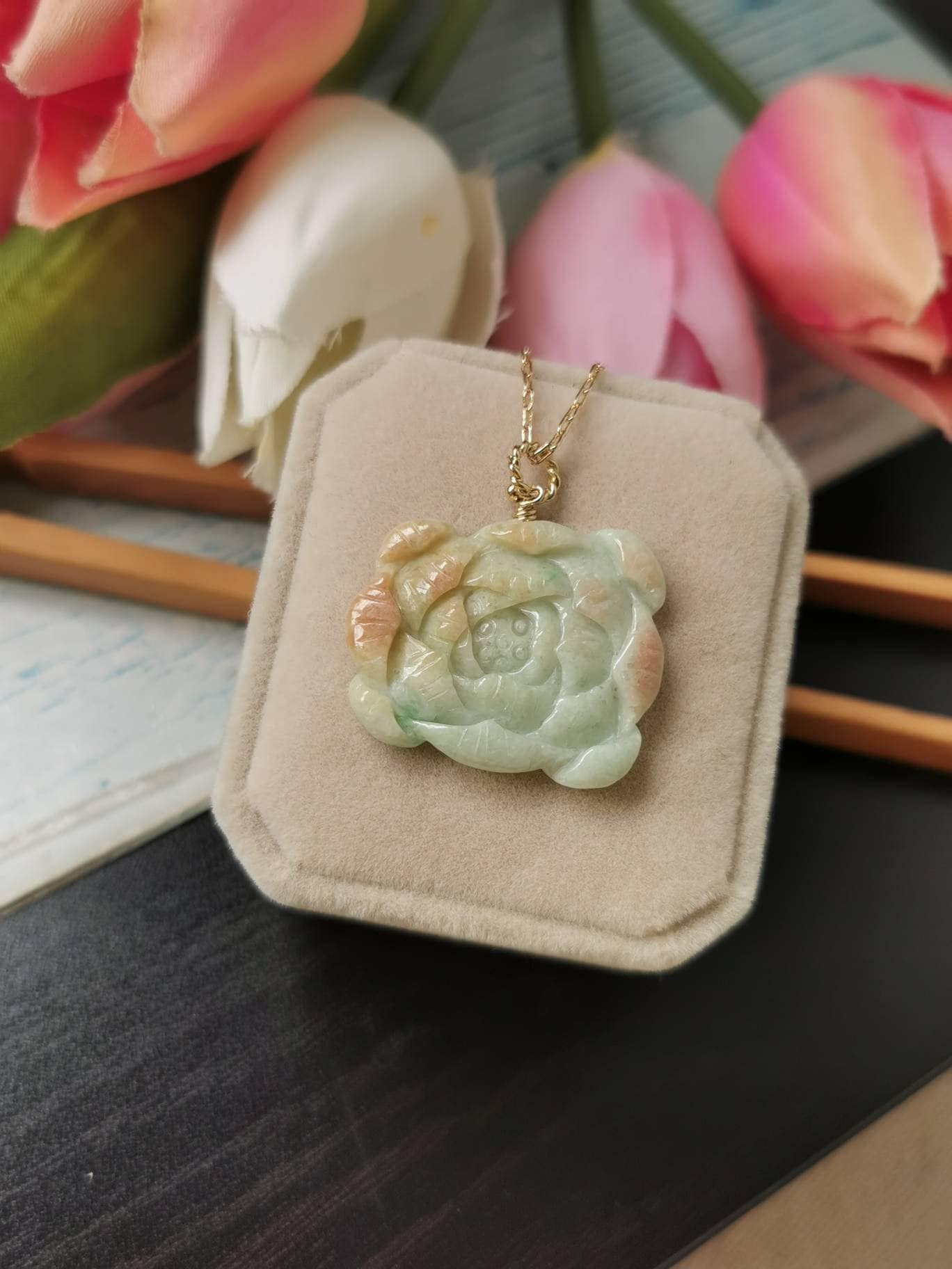 Tri Colour Type A Grade A Natural Jadeite Jade Fei Cui Lotus Flower Pendant In 14K Gold Filled Bail Setting