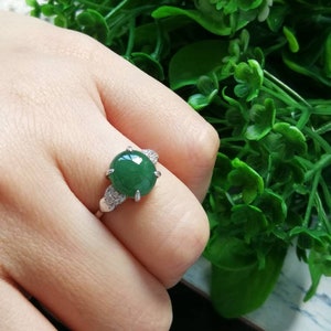 Spinach Green Type A Grade A Natural Jadeite Jade Fei Cui 925 Sterling Silver White Gold Plated With Zirconia Ring