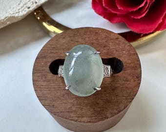 Ijzige doorschijnende inkt Bloemen Type A klasse A natuurlijke jadeiet jade fei cui ovale cabochon ring 925 zilver en zirkonia