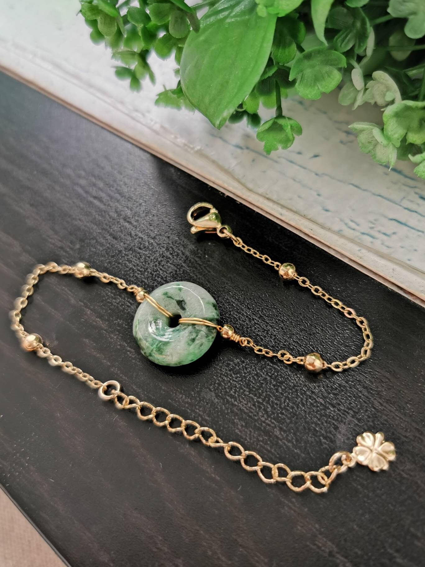 Floral Green Type A Grade A Natural Jadeite Jade Fei Cui Donut Bracelet in  14K Gold Filled Bail Setting - Etsy