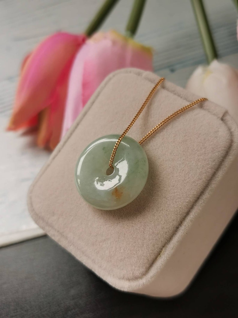 Icy Light Green With Red Type A Grade A Natural Jadeite Jade Fei Cui Donut Pendant