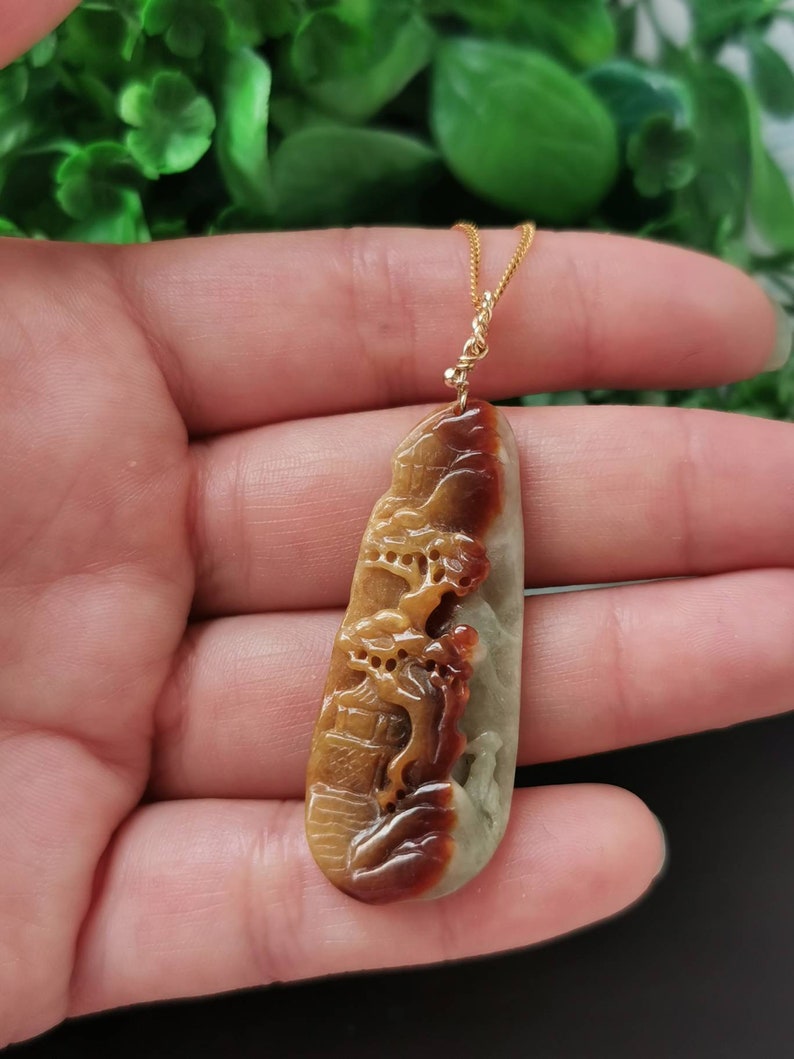 Unique Tri Colour Type A Grade A Natural Jadeite Jade Fei Cui Scenery Landscape Pendant In 14K Gold Filled Bail