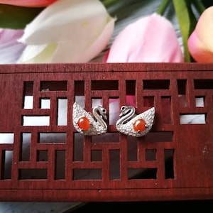 Icy Orangy Red Type A Grade A Natural Jadeite Jade Fei Cui 925 Sterling Silver White Gold Plated With Zirconia Swan Earrings