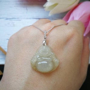 Icy Light Yellow Type A Grade A Natural Jadeite Jade Fei Cui Buddha in 925 Sterling Silver Chain Set