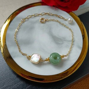 Green Type A Grade A Natural Jadeite Jade Fei Cui Donut And Pearl 14K Hold Filled Bracelet