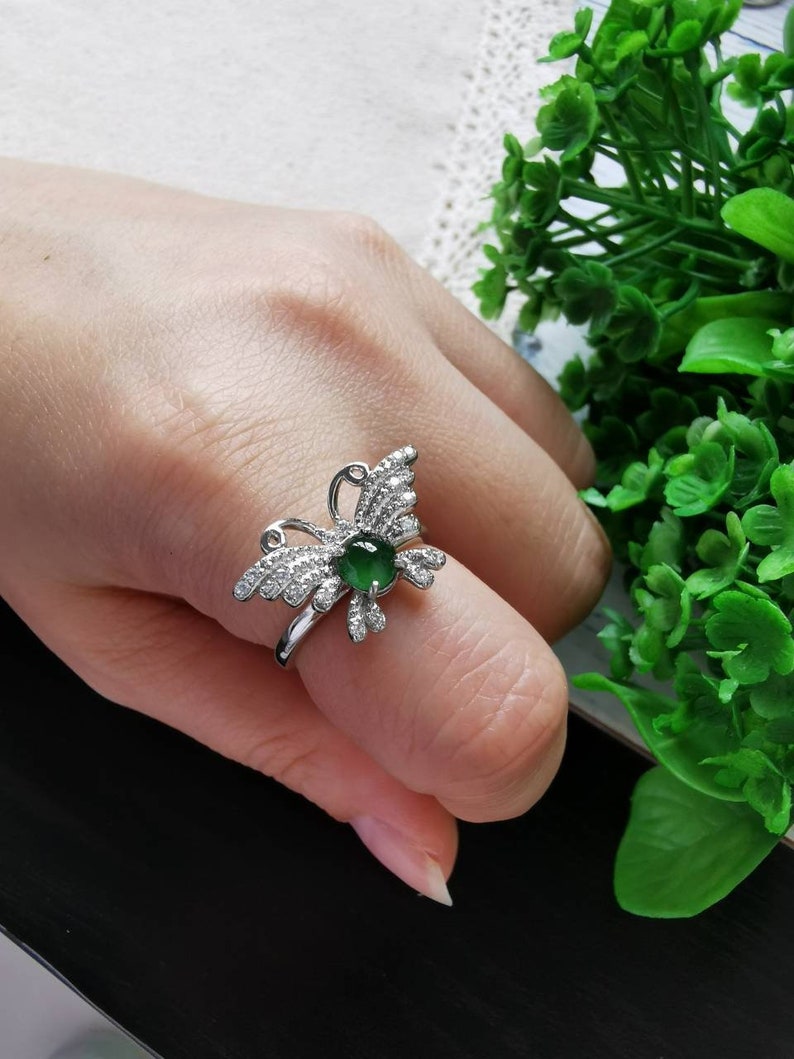 Icy Bluish Green Type A Natural Jadeite Fei Cui 925 Silver White Gold Plated With Zirconia Butterfly Ring