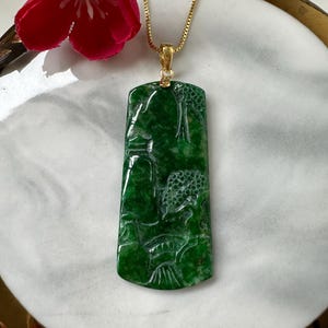 Imperial Green Type A Grade A Natural Jadeite Jade Fei Cui Scenery Carving 18K Gold Pendant