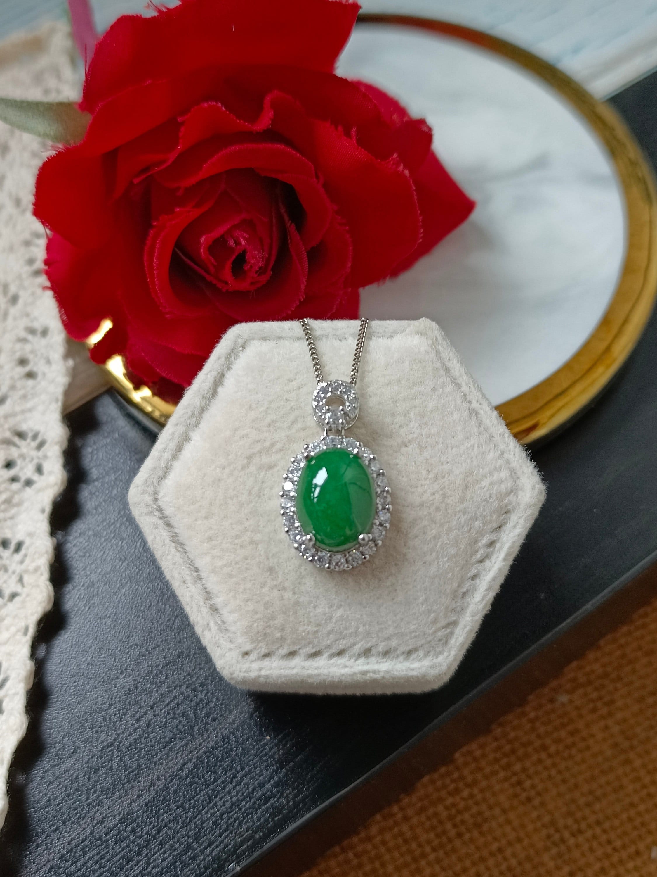 Green Type A Grade A Natural Jadeite Jade Fei Cui 925 Silver White Gold Plated Zirconia Oval Pendant