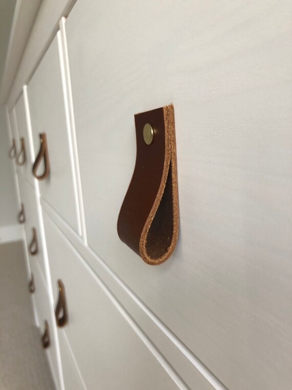 Dark Brown Genuine Leather Drawer Pulls With 5mm Brass Etsy