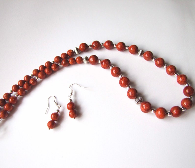 Sponge coral beaded necklace and earrings set natural vibrant orange red sponge coral beads and Tibetan silver spacer beads