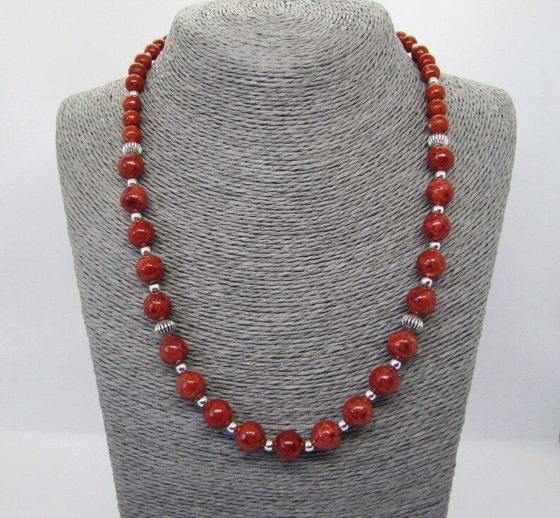 Sponge coral beaded necklace and earrings set natural vibrant orange red sponge coral beads and Tibetan silver spacer beads