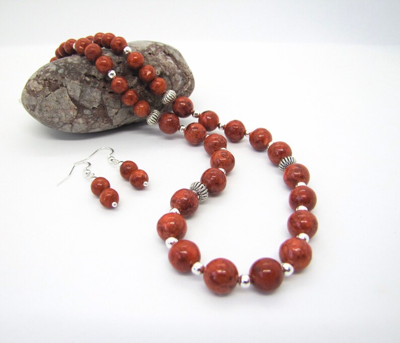 Sponge coral beaded necklace and earrings set natural vibrant orange red sponge coral beads and Tibetan silver spacer beads