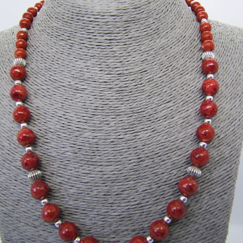 Sponge coral beaded necklace and earrings set natural vibrant orange red sponge coral beads and Tibetan silver spacer beads