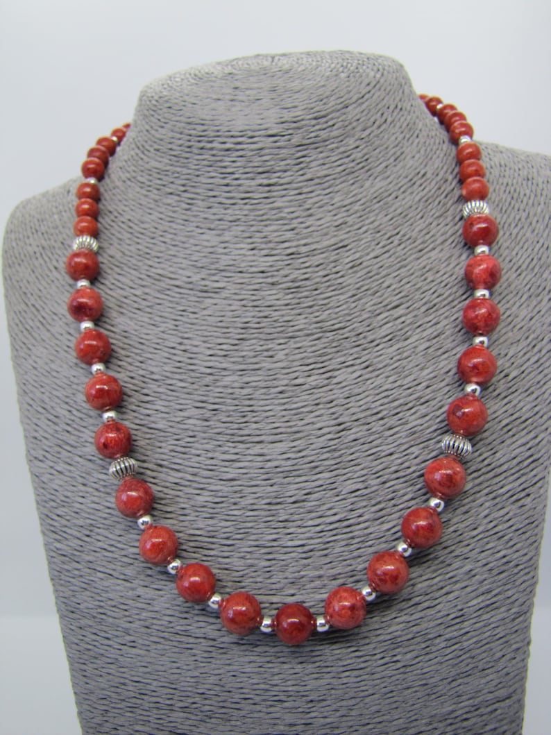 Sponge coral beaded necklace and earrings set  natural vibrant orange red sponge coral beads and Tibetan silver spacer beads