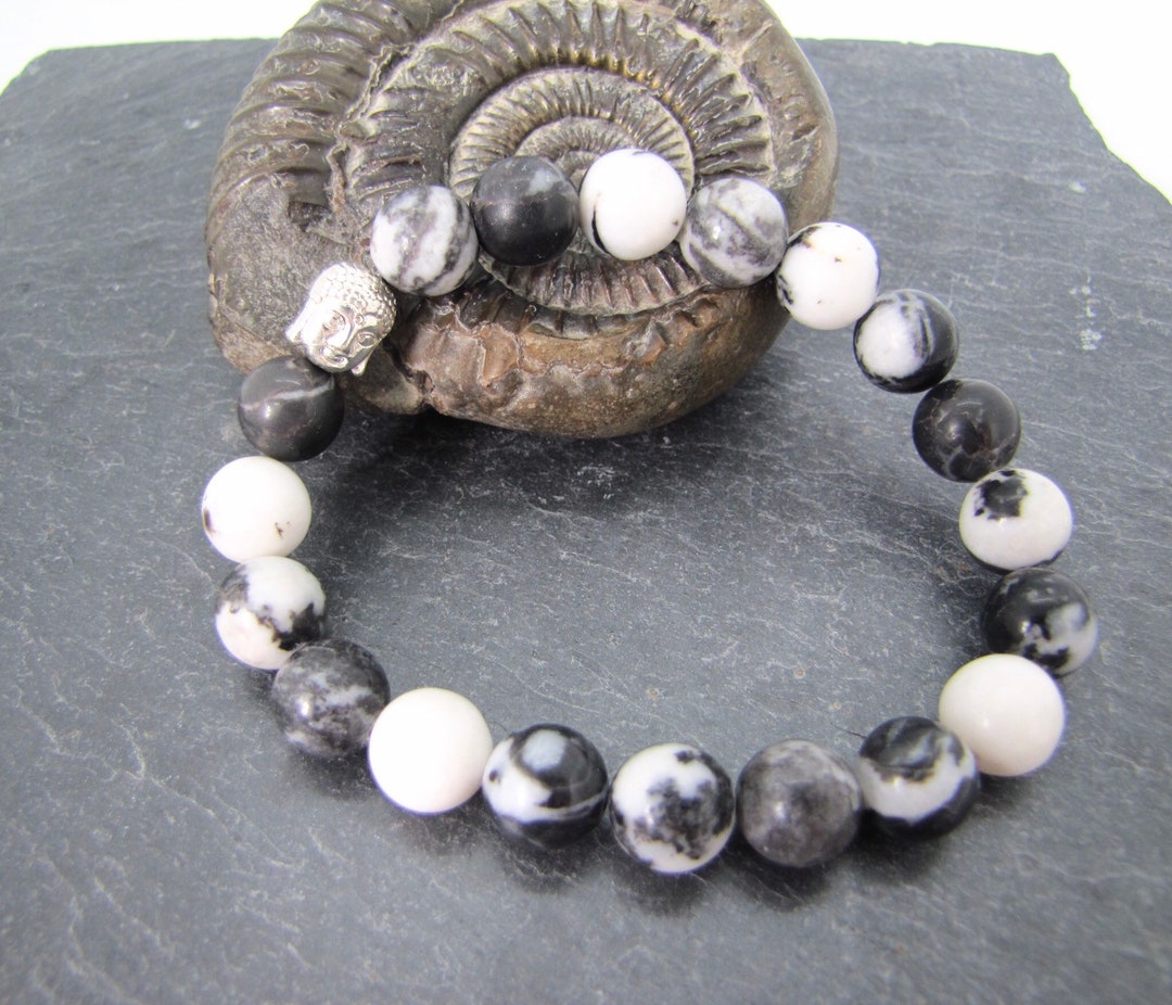 Black and White Zebra Jasper Stretch Bracelet, Gemstone Jewellery for