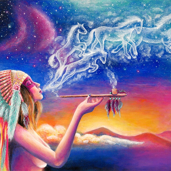 Original acrylic painting on canvas, unique artwork, native american girl and white horses art