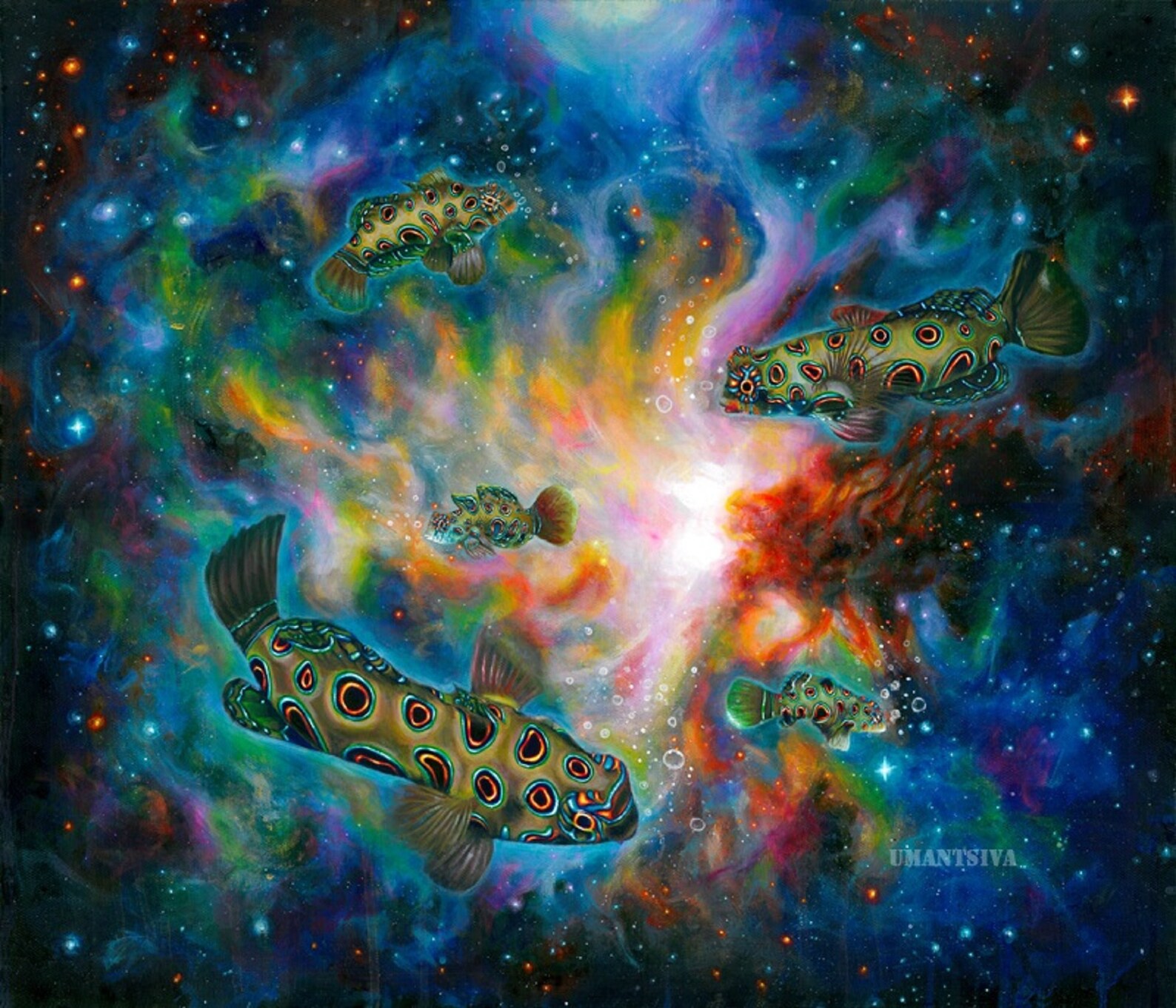 Psychedelic wall art cosmic fishes painting | Etsy