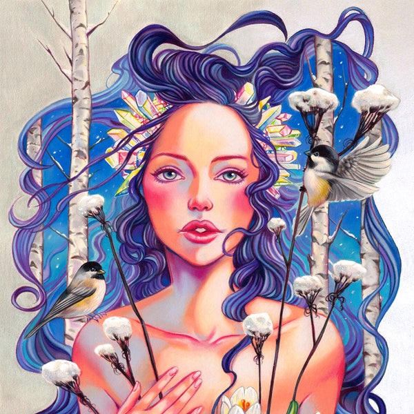 Winter season limited edition hand embellished  giclee archival print fine art Solo Art Show pop surrealism 8x10 10x12 12x16