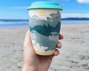 Sea Scape Handmade Ceramic Travel Mug, Reusable Cup Grounded Pottery Irish design ocean inspired