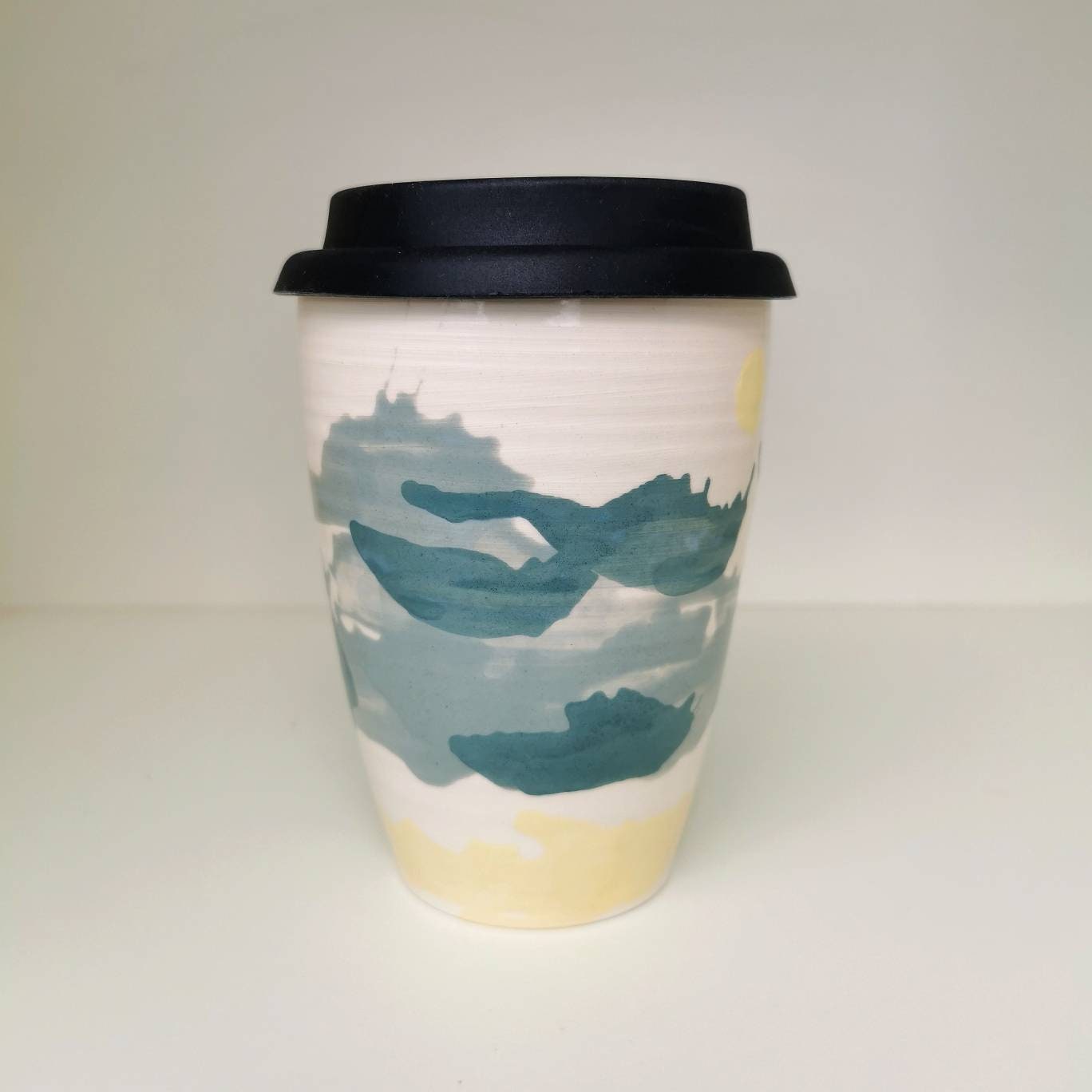 Pottery Travel Mug No Spill Wide Base Narrow Top Ceramic Coffee Cup In  Landscape Layers of Glaze Blue Green Grey Water Mountains