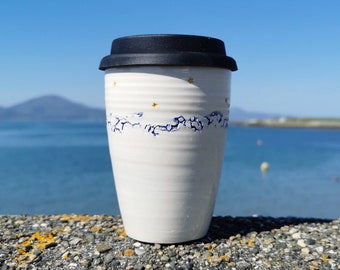 Sea and Stars Natural Sleeve Handmade Ceramic Travel Mug, Reusable Cup Grounded Pottery Ireland