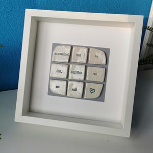 Personalised 9 year wedding anniversary ceramic stones in frame. Available to order with any 9 words on stones