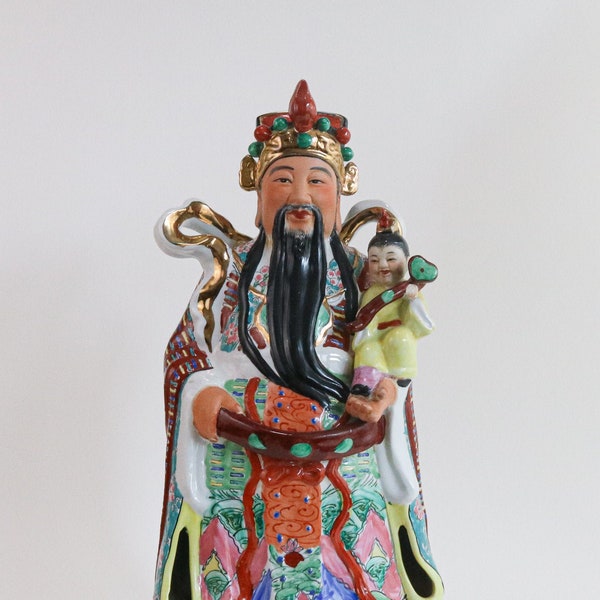 Chinese Immortal Porcelain Large Statue 24" Tall Vintage Fu Lu Shou Fulushou Fortune Wealth God Chinese Wise Man Figure Statue