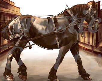 May include: A black draft horse pulling a wagon, wearing a brown leather harness with white straps. The horse is walking on a dirt road in front of a wooden building.