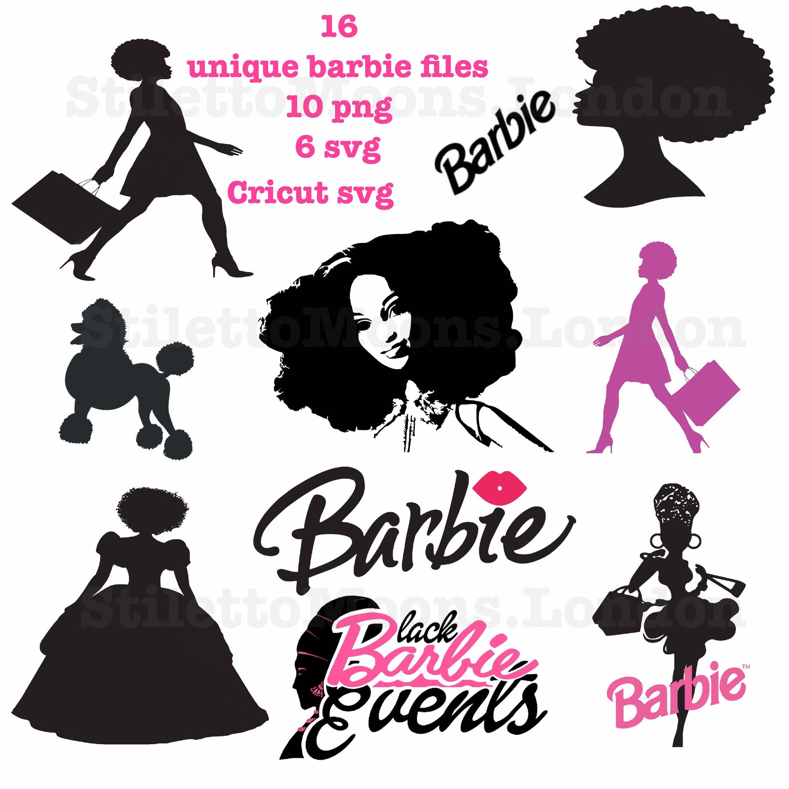 Black afro barbie doll silhouette cricut Svg Png clip art image 0.