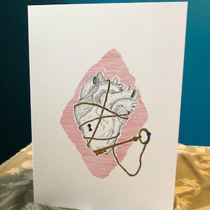 Key to My Heart geïllustreerde 5 x 7 wenskaart Valentine Card Valentijnsdag / Jubileum / Verjaardag / Romantiek