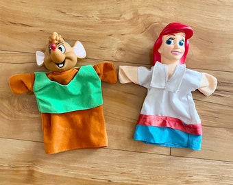Lot of 2 The Little Mermaid Ariel Cinderella Gus Mouse Disney Beetosee Vintage 90s Hand Puppets