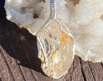 Crystal Silver Wire Pendant Golden Feather