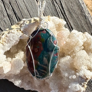 Heliotrope Bloodstone Silver Oval Wire wrapped Pendant
