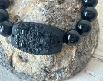 Black Onyx Beaded Bracelet with Budah
