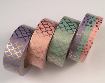 Pastel mermaid foil scales ; skinny foil dots set washi tape