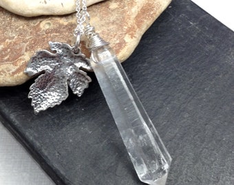 Quartz point necklace, Sterling Leaf jewelry, raw Quartz jewelry, gardener gift, boho necklace, tree hugger gift, girlfriend gift