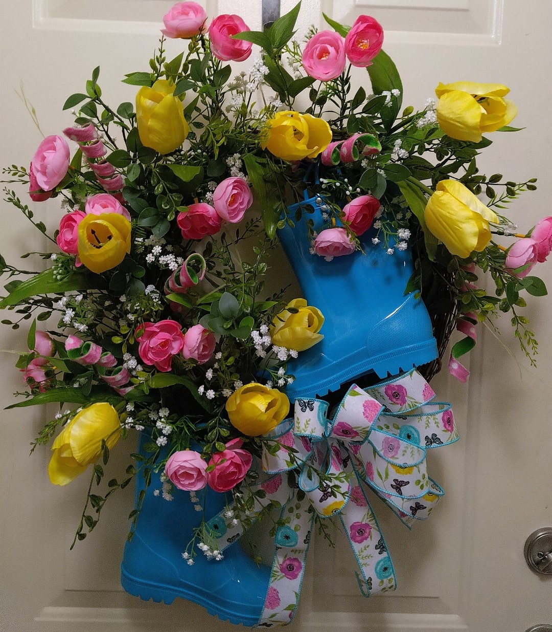 Rain Boot Wreath Grapevine Rain Boots With Flowers Wreath - Etsy