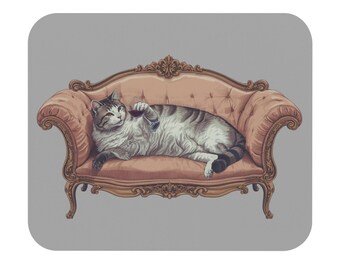 Royal Lounge Cat Mouse Pad | Vintage Sofa Illustration, Grey Background