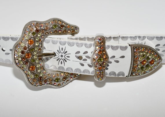 Vintage Rhinestone Crystal Buckle & White Genuine Leather  display picture 1