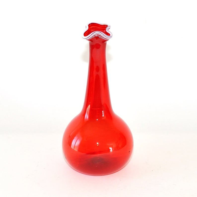 Vintage Red Glass Long Neck Bulb Bud Vase With White Threading Etsy