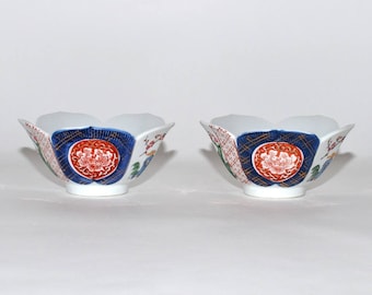 Vintage Japanese Imari Ware  Bowls Hand Painted Porcelain Rice Salad Soup Bowls, Pair