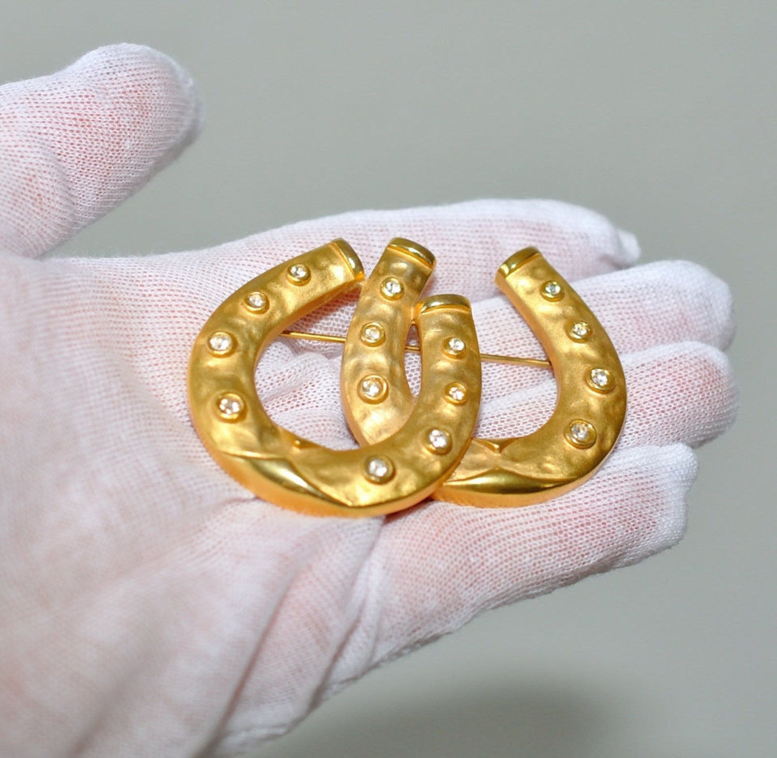 Vintage Large Double Horseshoe Pin Brooch Gold Tone Metal Etsy