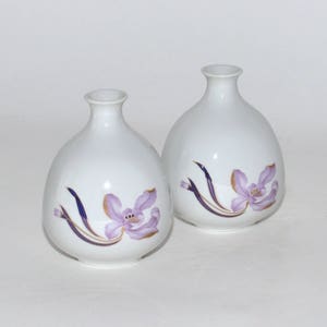 Vintage Japanese Tokkuri Sake Bottles Vases White Porcelain Purple Orchid with Gold Accents, Pair