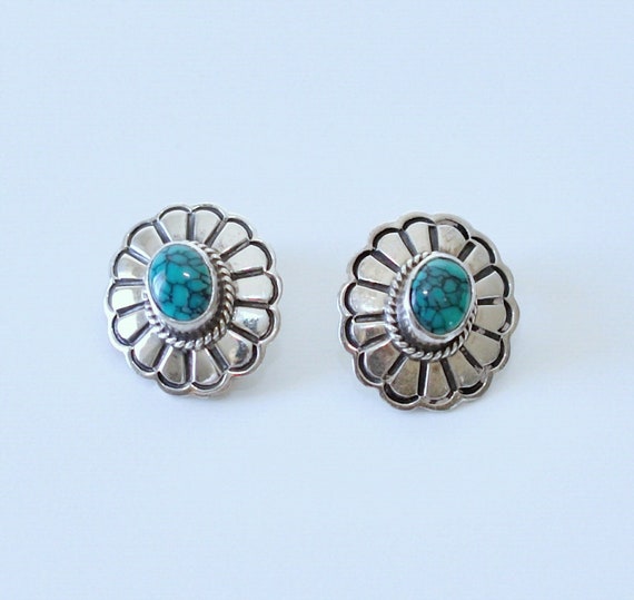 Turquoise Flower Vintage Native American Navajo Sterling Silver Earrings Turquoise Flower Vintage Native American Navajo Sterling Silver Earrings
